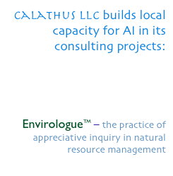 Calathus LLC builds local capacity for AI in its consulting projects:

Strategic Learning – Strategic planning through co-learning with appreciative inquiry

Envirologue™ – the practice of appreciative inquiry in natural resource management